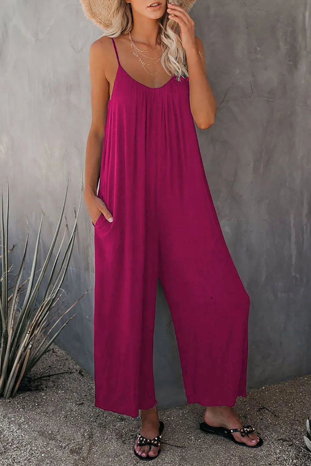 European and American Suspender Women's 2023 Summer New Foreign Trade Tolid Color Pocket Casual Jumpsuit