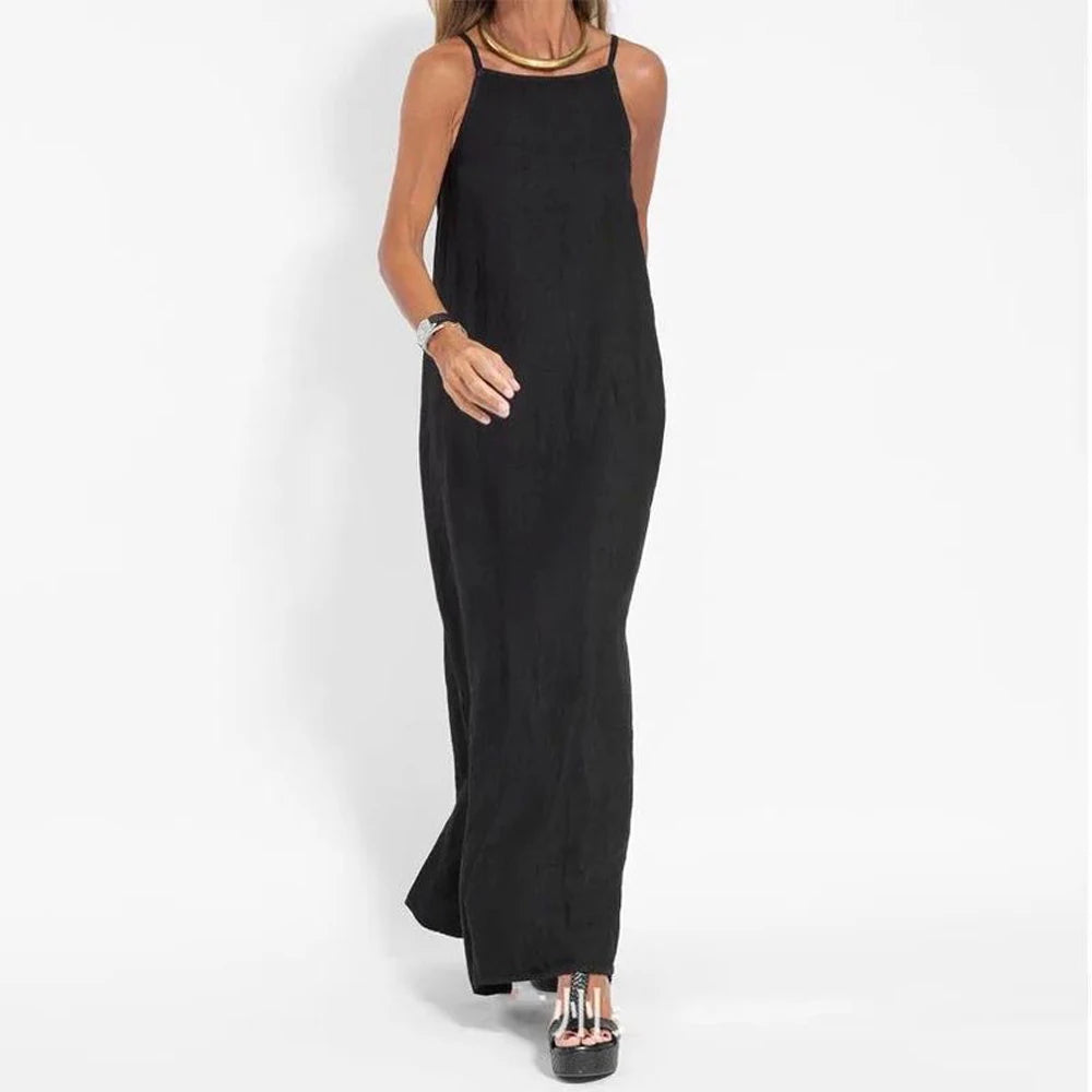 Women Cotton linen Side Split Long Slip Dress Summer Lady Strapless Solid Color Holiday Party Dresses FYY-10080