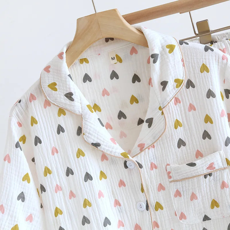 Small Love Heart Printed Cotton Pajamas for Women Three Piece Set Spring and Summer Short Sleeved Shorts Homewear Long Pants Set