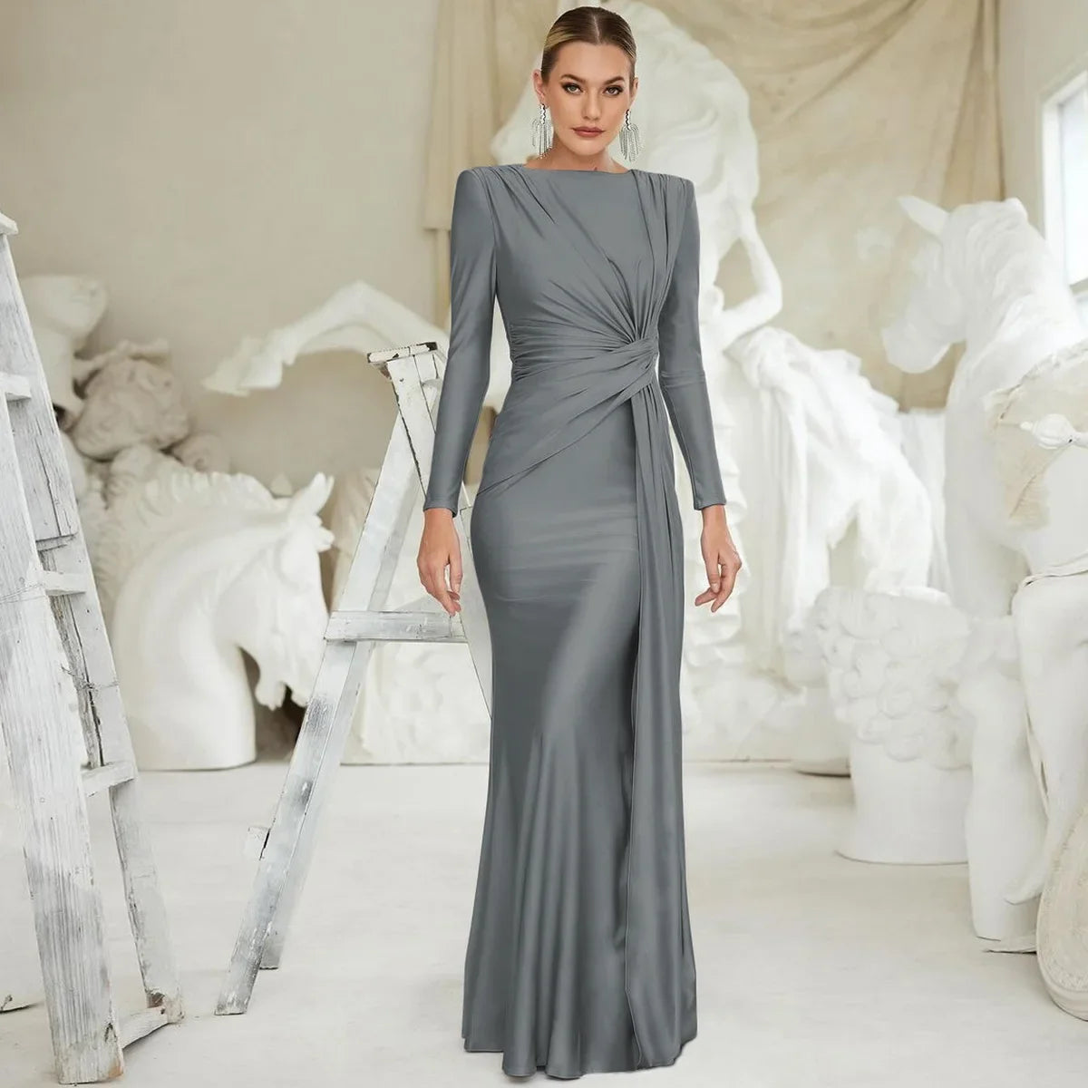 Women's Formal Occasion Dress Elegant Ladies O-neck Long Sleeve Folds High Waist Bodycon Gray Dresses Evening Party Robe