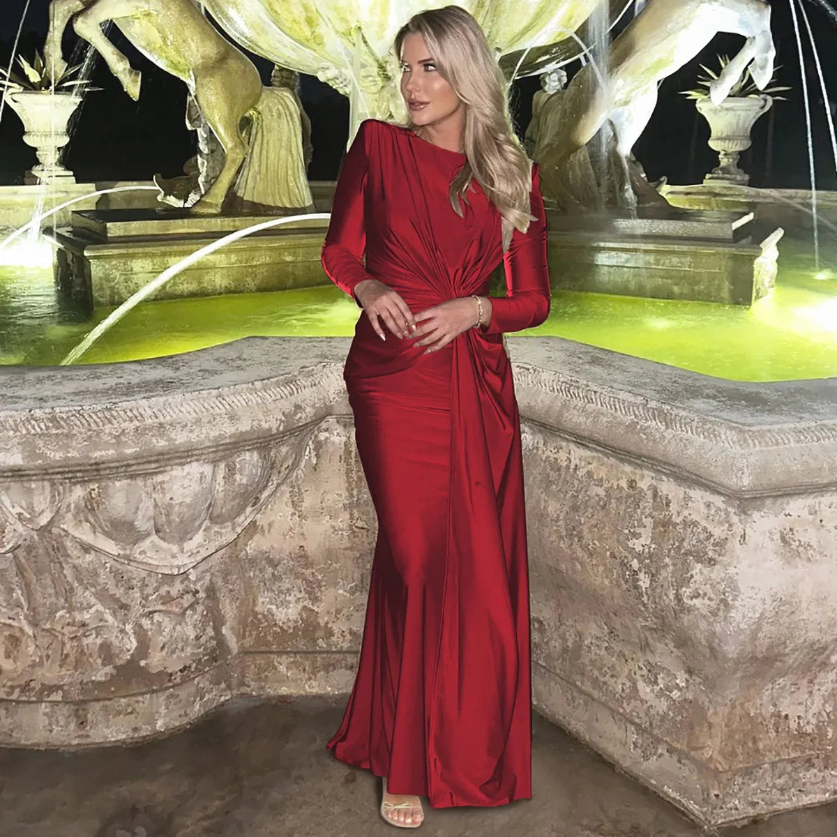 Women's Formal Occasion Dress Elegant Ladies O-neck Long Sleeve Folds High Waist Bodycon Gray Dresses Evening Party Robe