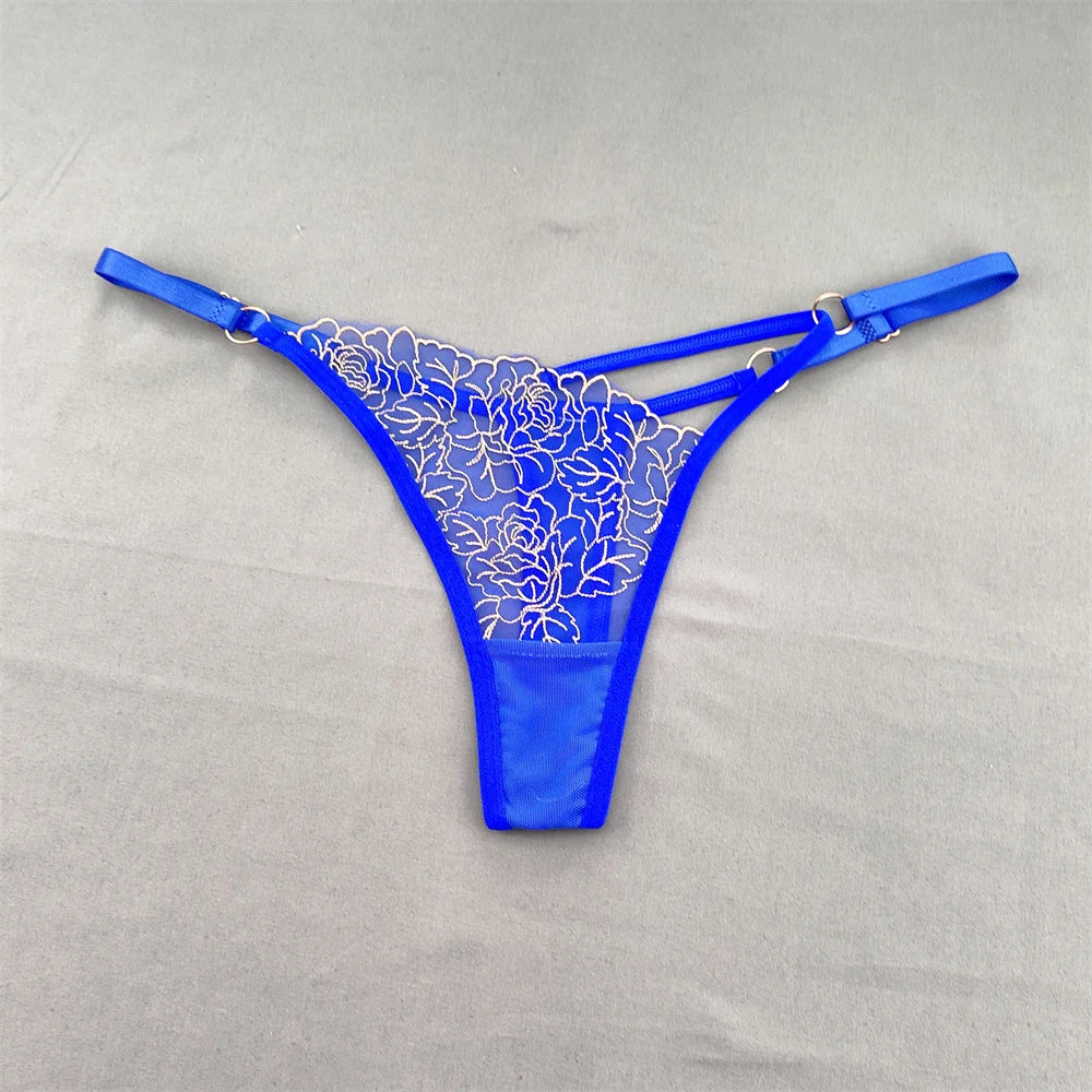 3pcs V-shaped Sexy Lace Floral Thong Women Hollow Out V-Strings Adjustable Belt Transparent Underwear