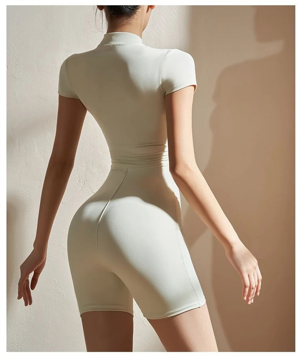 Womens Yoga Short Sleeve Jumpsuits Slim Fit Stretch One Piece Playsuits Romper Sexy Fitness Female Basic Zipper Sportwears