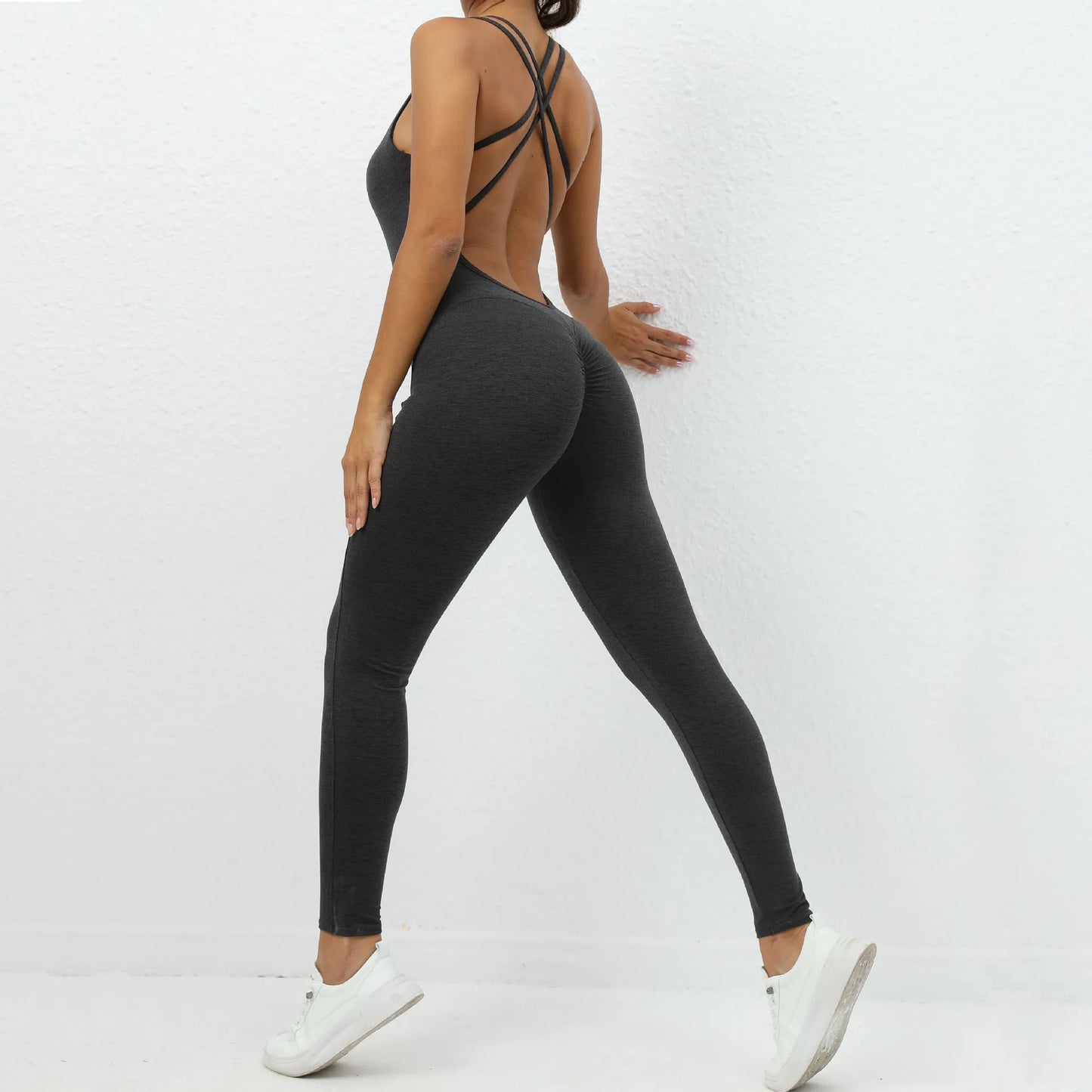Sexy Backless Bodycon Scrunch Jumpsuit Raises Butt Women Dance Fitness Overalls for Women Sleeveless Yoga Sport Jump Suit Black