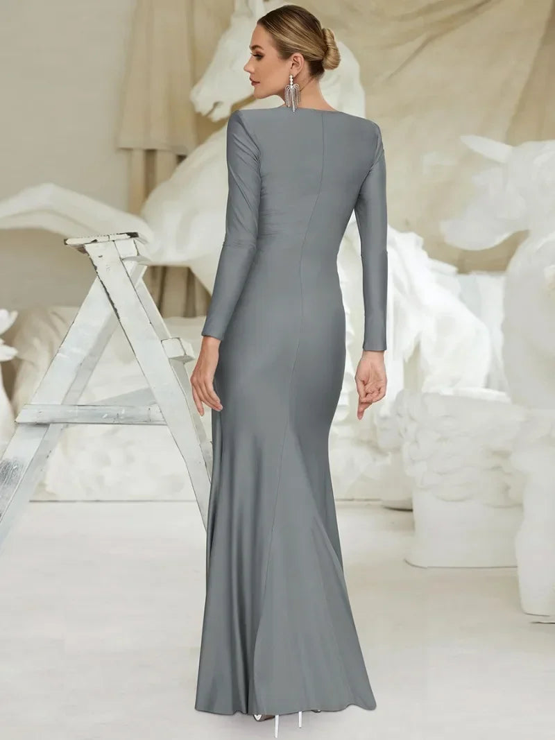 Women's Formal Occasion Dress Elegant Ladies O-neck Long Sleeve Folds High Waist Bodycon Gray Dresses Evening Party Robe