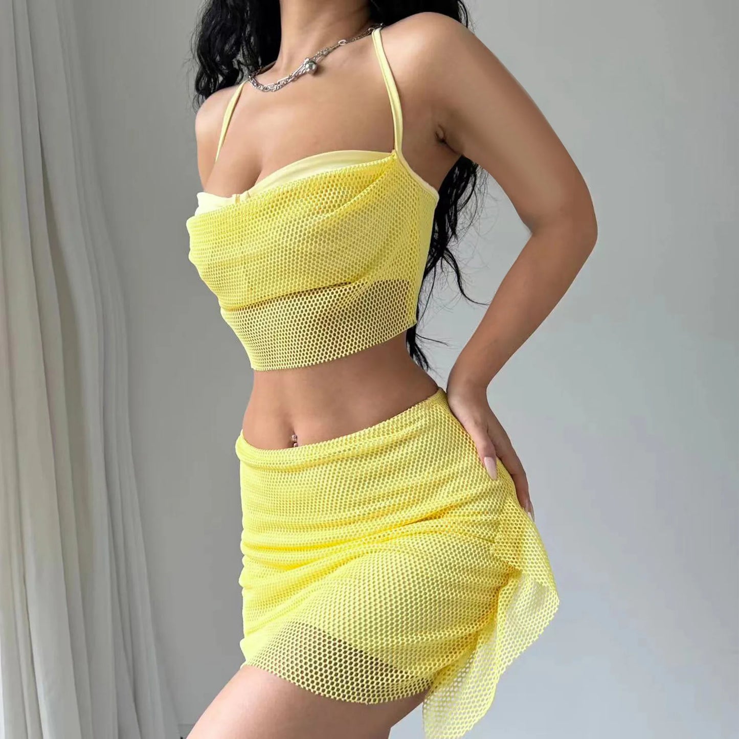 Ladies Summer Mesh Patchwork Y2K 2 Pieces Sleeveless Backless Sexy Crop Top And Mini Skirt Set Women New Fashion Party Clubwear
