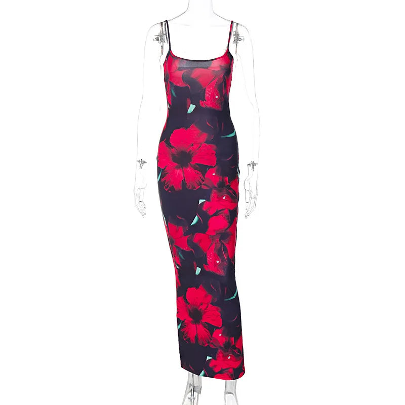 Ladies Summer Floral Print New Fashion Birthday Party Dress Women Sleeveless Backless Sexy Bodycon Maxi Dresses Club Streetwear