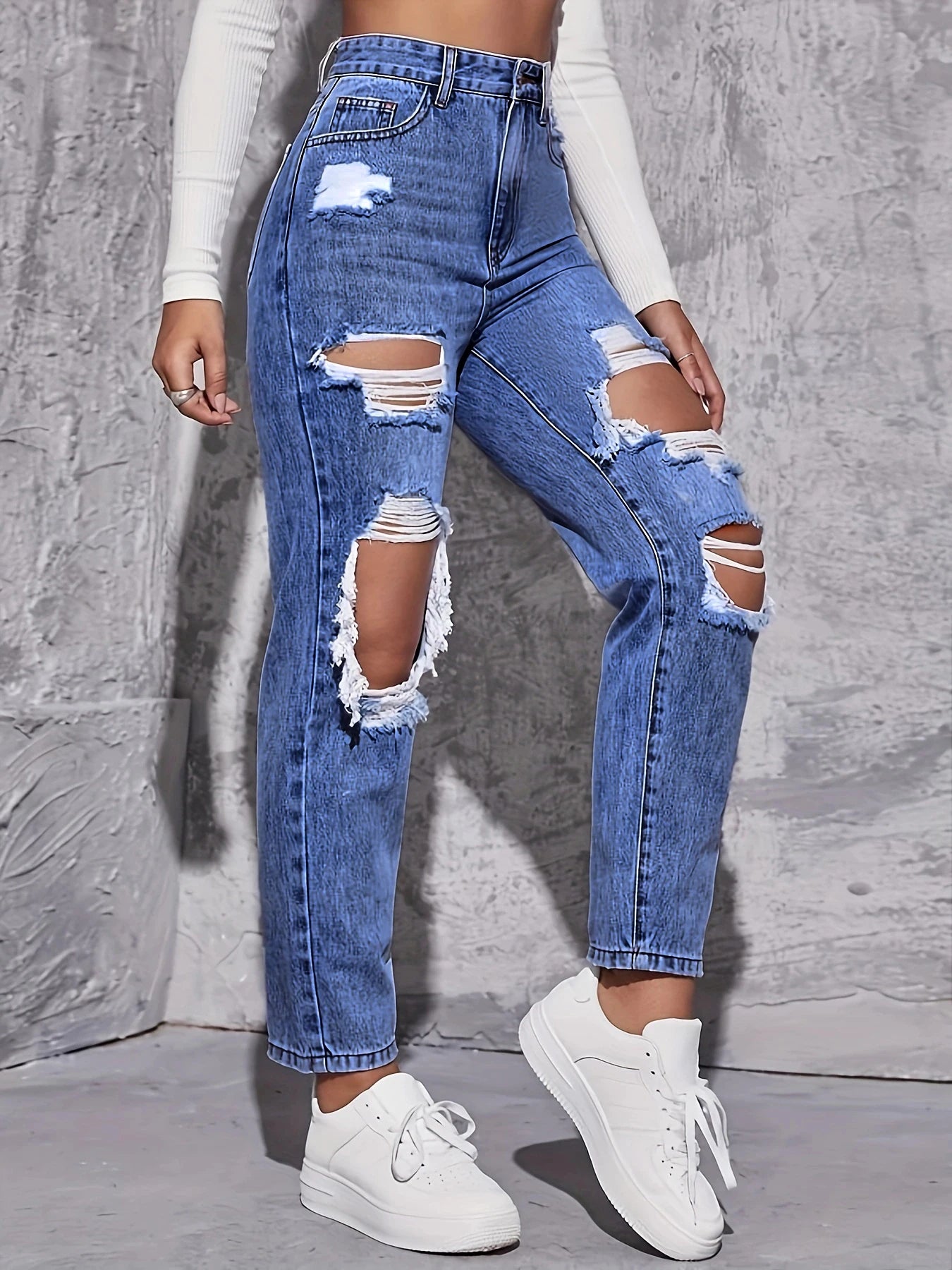 American Retro Hole-punched Jeans Women High Waist Straight-crotch Loose Slim Design High-street Vibe Wide-legged Dragging Pants