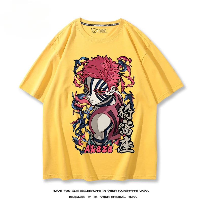 Hot Anime Demon Slayer Akaza Printed 100% Cotton T-Shirt Summer Outdoor Casual Comfortable Trendy Street Men's