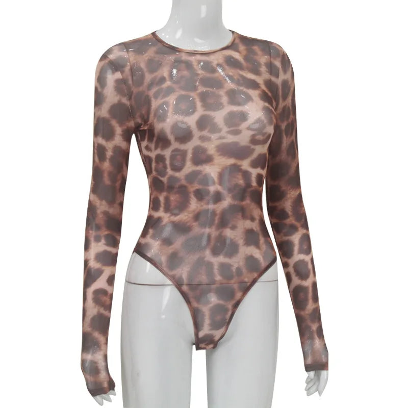Ladies Autumn One Piece Leopard Print New Fashion Long Sleeve O-Neck Skinny Sexy Bodysuit Women Party Club Wear Y2K Fall Outfits