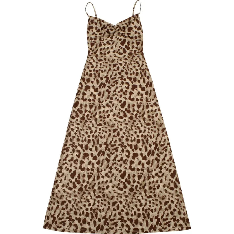 Mooyufon Leopard Print Dress Woman Summer Sexy Swing Collar Spaghetti Straps Backless Ruffles Party Clubwear Skinny Vestidos