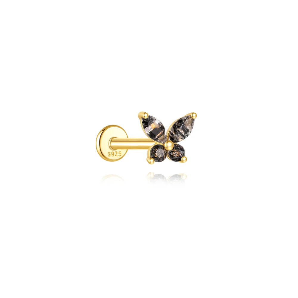 CANNER 1PC Natural Black Hair Quartz 925 Sterling Silver Horse Eye Flat Head Thread Puncture Earring Flower Piercing Earring