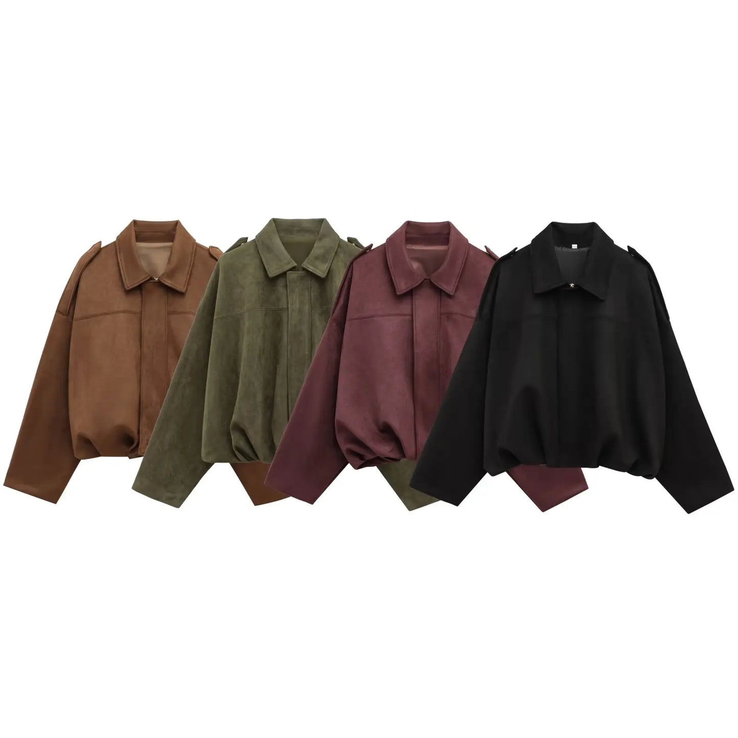 TRAFZA Women Brown Green Suede Jacket Loose Casual Bomber Coat Lapel Zipper Long Sleeve Jackets Vintage Lady Motorcycle Outwears