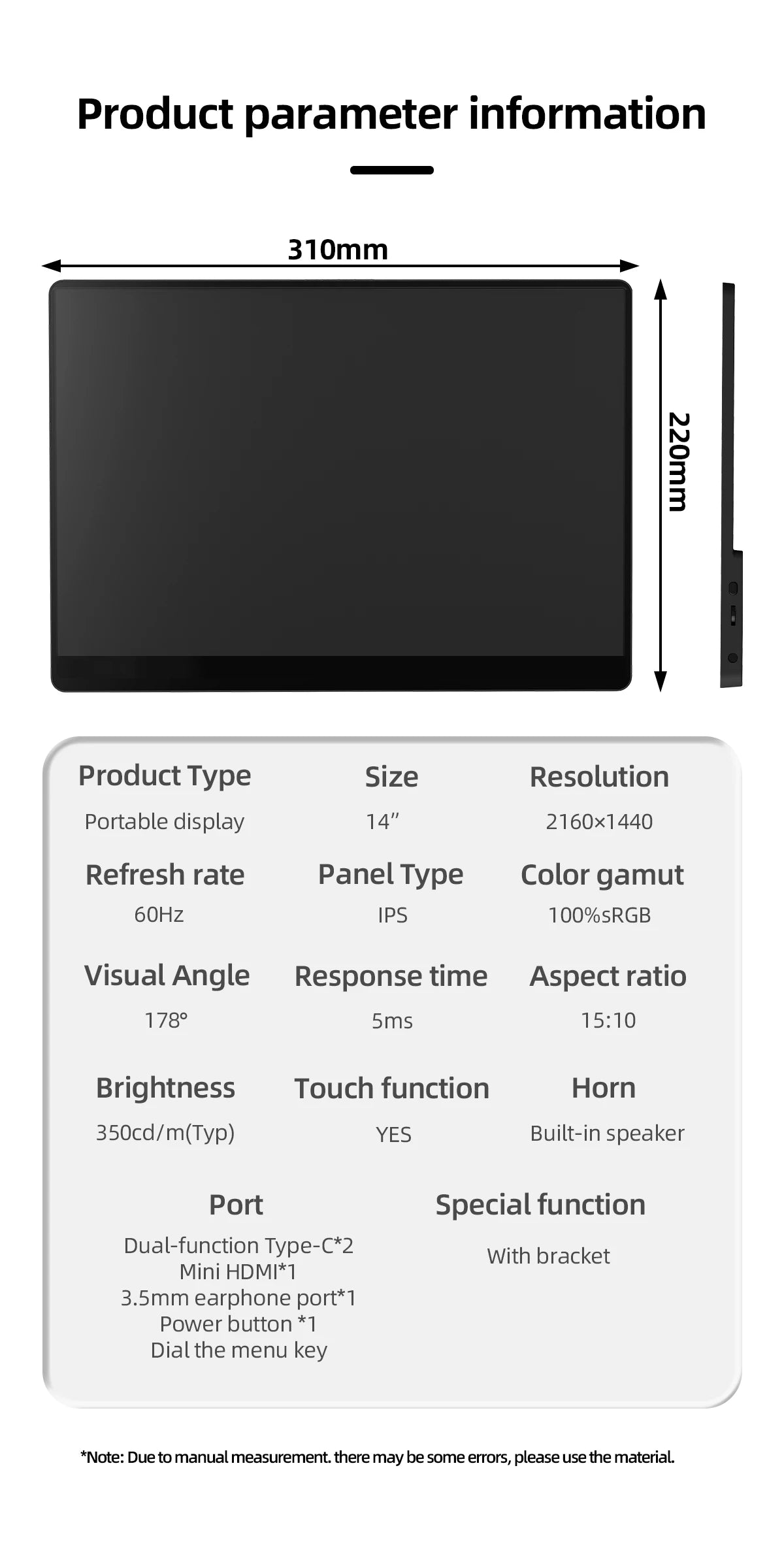 ZSUS 2160*1440 14-inch 2K Portable Monitor 60HZ For Laptop XBox PS4 / 5 Switch TV Box Cell Phone PC Extension Mobile