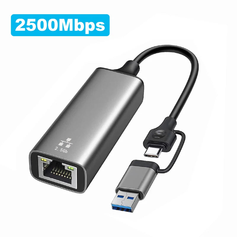 2-in-1 2500Mbps Ethernet Adapter USB 3.0 Type-C to RJ45 Wired Network Card Adapter 2.5G High Speed Ethernet Adapter For Laptop