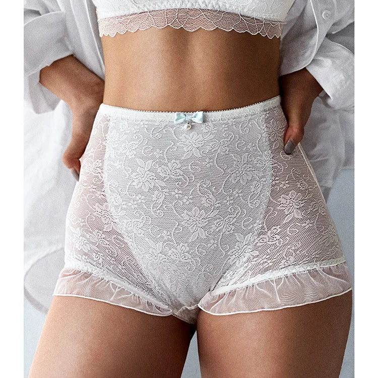 SP&CITY High Waist Flower Embroidery Sexy Lace Women's Underwear Transparent Shorts Mesh Hollowed Panties Ruffle Seamless Briefs