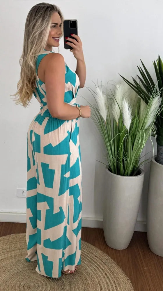 Autumn Women's Fashionable And Casual Jumpsuit Color Matching Deep V-waist Tied Sleeveless Mid Waist Straight Jumpsuit Women