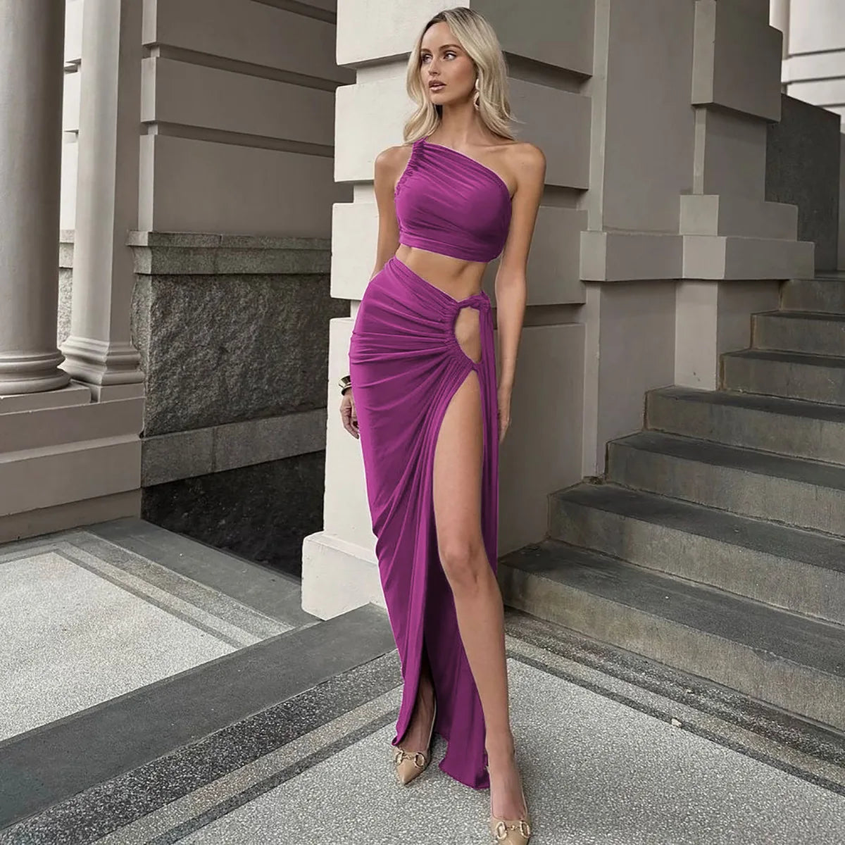 Ladies Summer 2 Pieces Set Women Sleeveless Backless Strap Spit Crop Top Side Slit Slim Long Skirt Evening Party Club Streetwear
