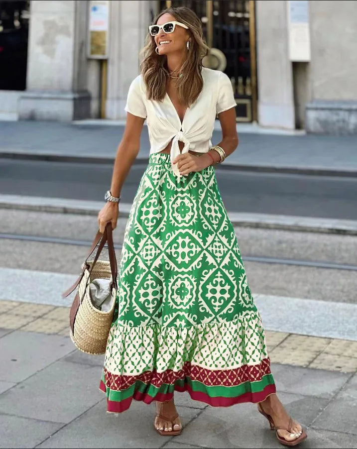 European and American foreign trade skirt independent station summer new printed loose stitching large swing skirt f