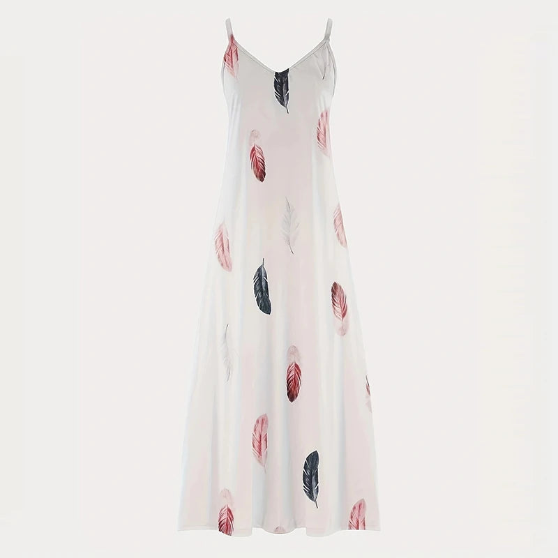 8Colour All-Season Chic Feather Print Maxi Dress Casual V-Neck Comfort Stretch Easy Care