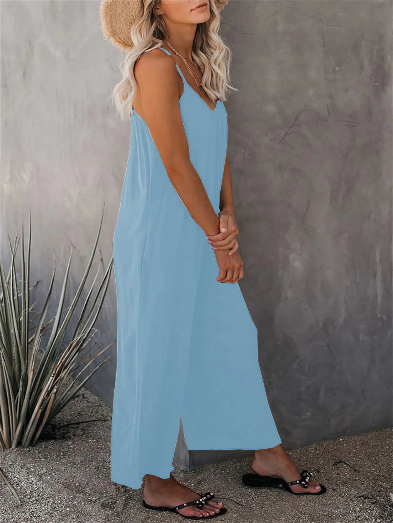 European and American Suspender Women's 2023 Summer New Foreign Trade Tolid Color Pocket Casual Jumpsuit