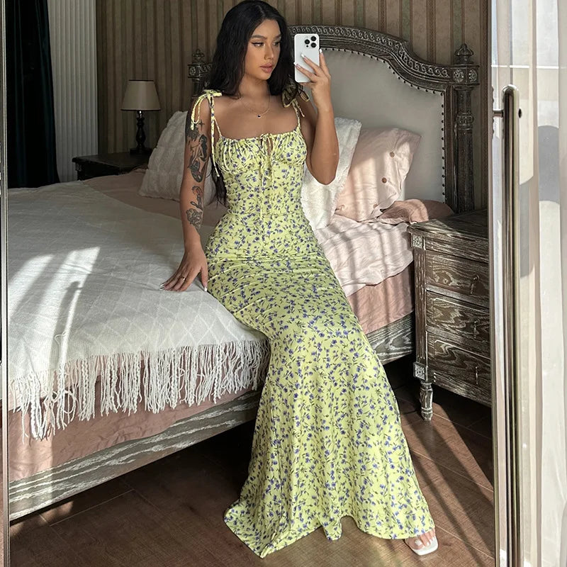 Ladies Summer Floral Print New Fashion Evening Party Dress Sleeveless Backless Sexy Long Dresses Woman Clothes Birthday Clubwear