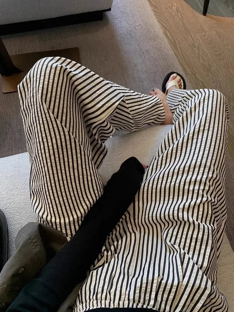 Pajama Pants Striped Spring Summer Long Premium Feeling Home Pants Student Straight Pants Elastic Waist Women Sleeping Pants