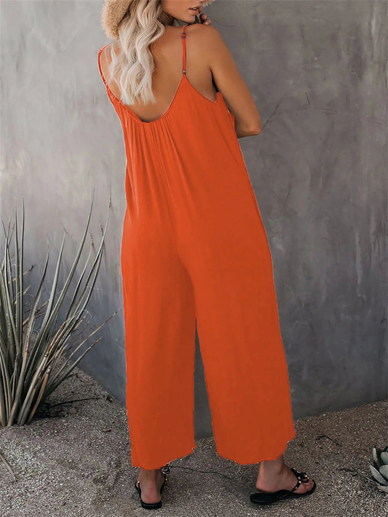 European and American Suspender Women's 2023 Summer New Foreign Trade Tolid Color Pocket Casual Jumpsuit