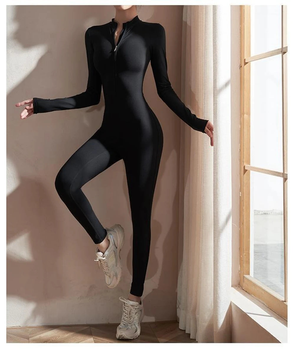 Womens Jumpsuits Long Sleeve Yoga Slim Fit Stretch One Piece Romper Sexy Fitness Female Black Basic Sportwears Tight Zipper