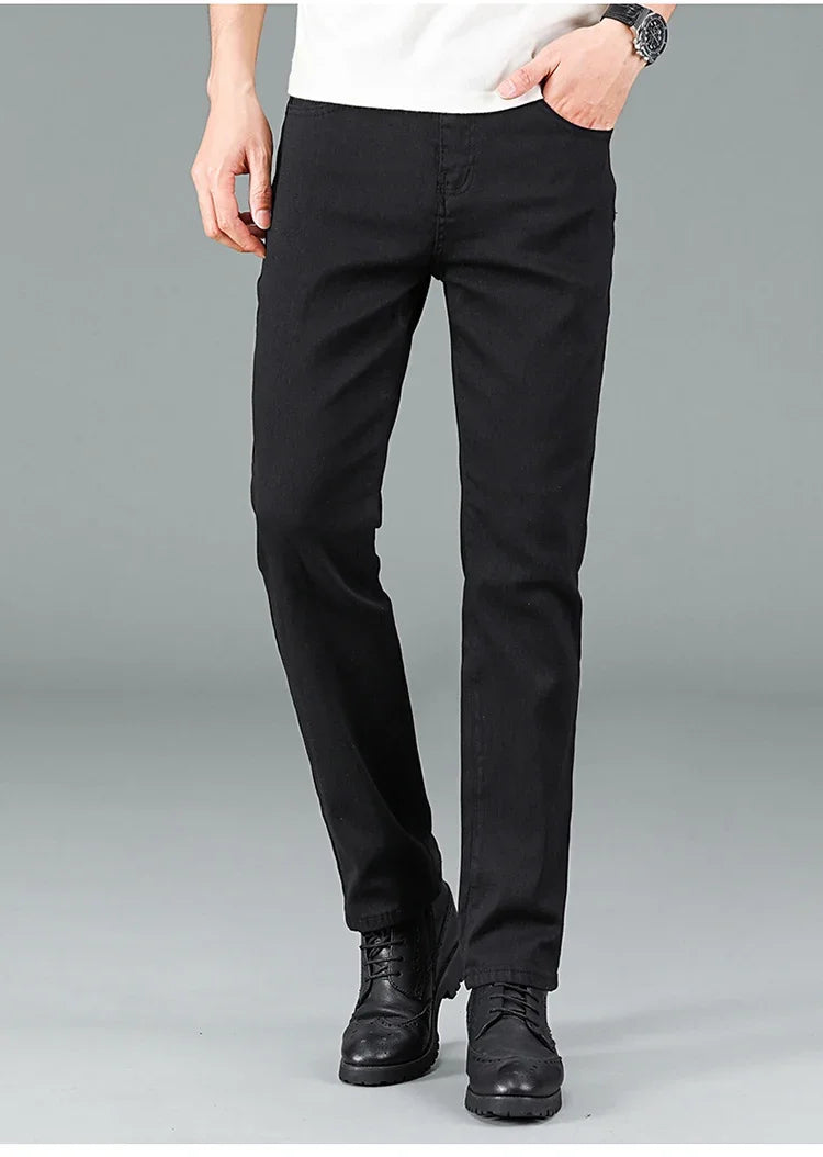 Men's Pure Black Slim Jeans Elastic Straight Pants Business Fashion Leisure Korean Vintage Skinny Small Feet Denim Pants Male