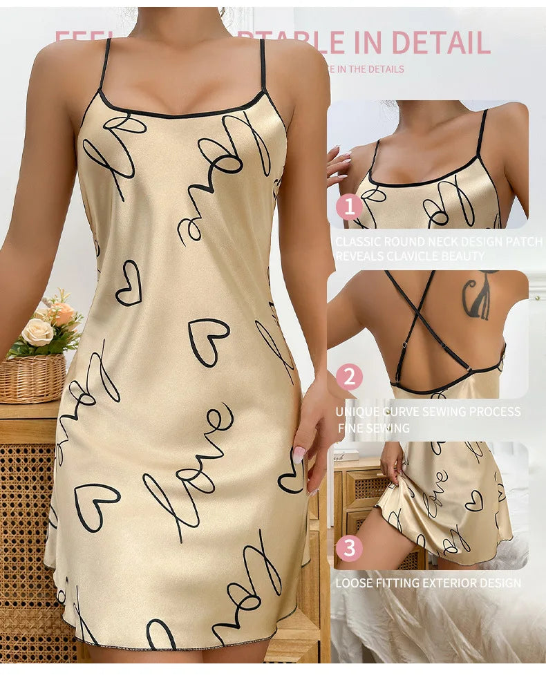 Silk Satin Women Nightgown Sleeveless Cross Back Sleepwear Letter Print Round Neck Nightwear Pajama Dress Female Homewear Cloth