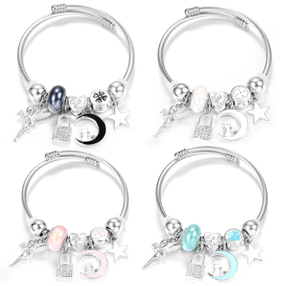 New Rhinestone Heart Shaped Pendant Stainless Steel Beaded Bracelet 4 Colors High Quality Closure Bangles Women Bracelet Jewelry