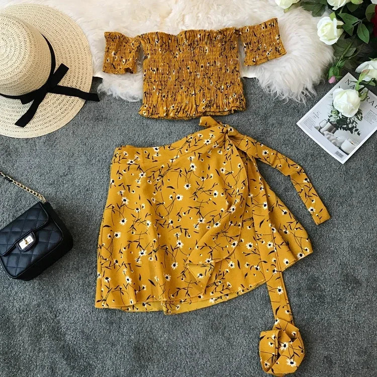 Summer Floral Fashion 2 Piece Sets Women Slash Neck Off Shoulder Shirt Crop Top&High Waist Mini Skirt Small Girl 2pc Dress Suits