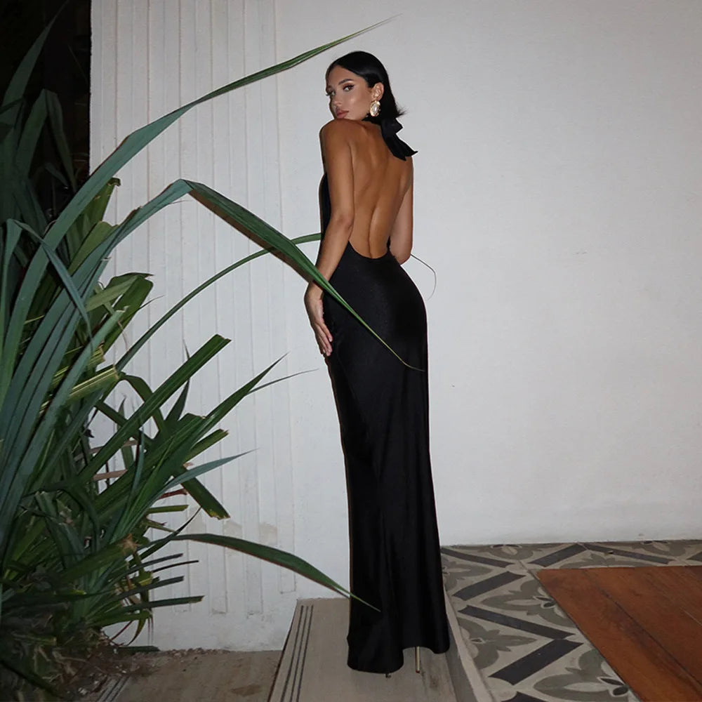 Ladies Summer Fashion Evening Party Dress Women Backless Deep V-Neck Halter Sexy Long Dresses Woman Clothes Birthday Clubwear