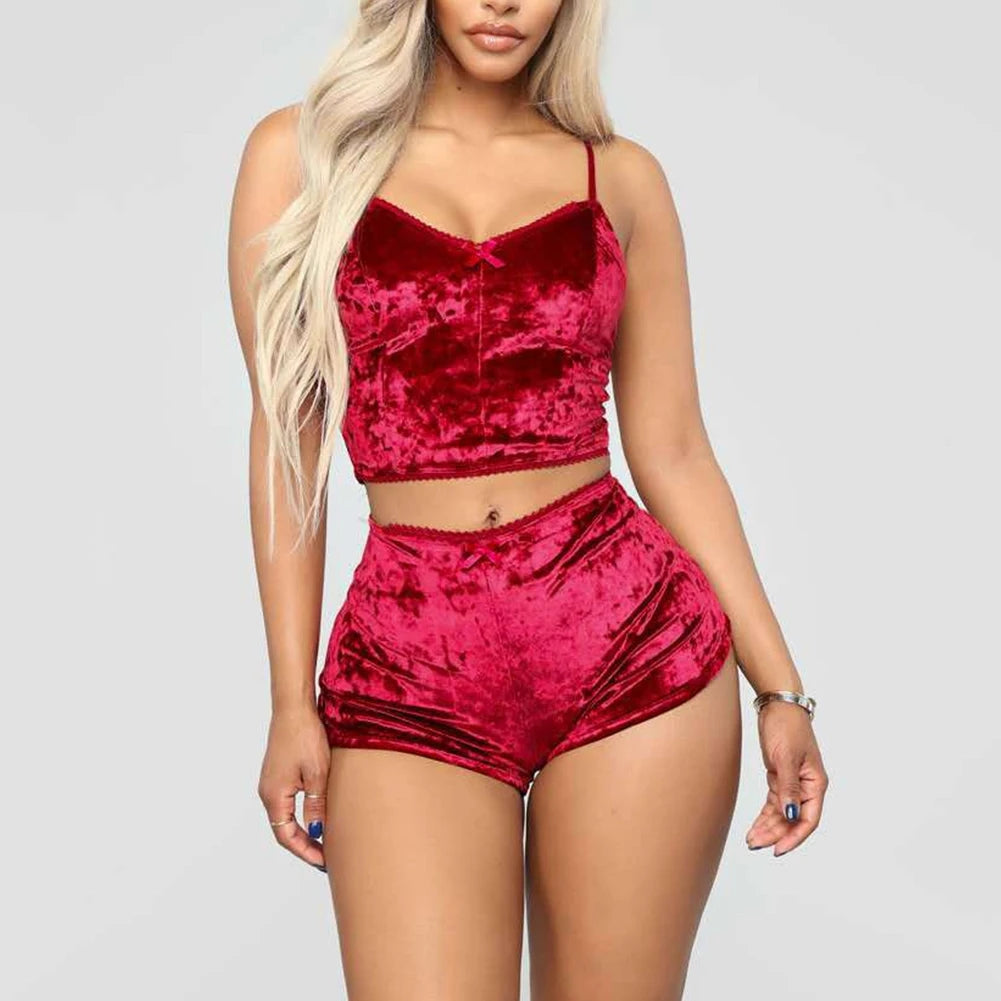 Women Summer Sexy Nightwear V-neck Lingerie Suspender Sleepwear Underwear Crop Tops Shorts Pajamas Set Solid Ladies Nightgown
