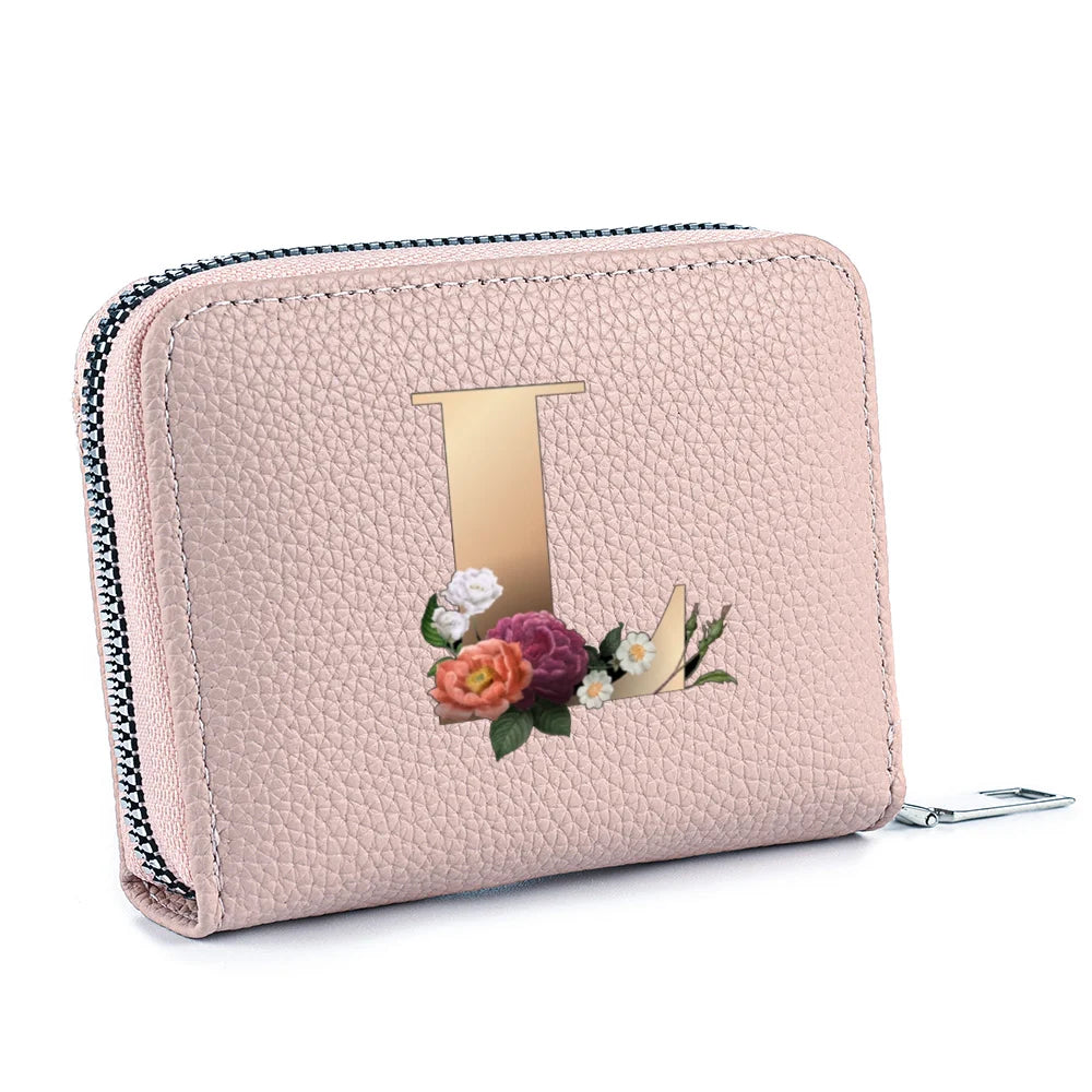 Fashionable Multi Functional 26-Letter Printed Pink Zipper Coin Purse And Credit Card Holder For Women