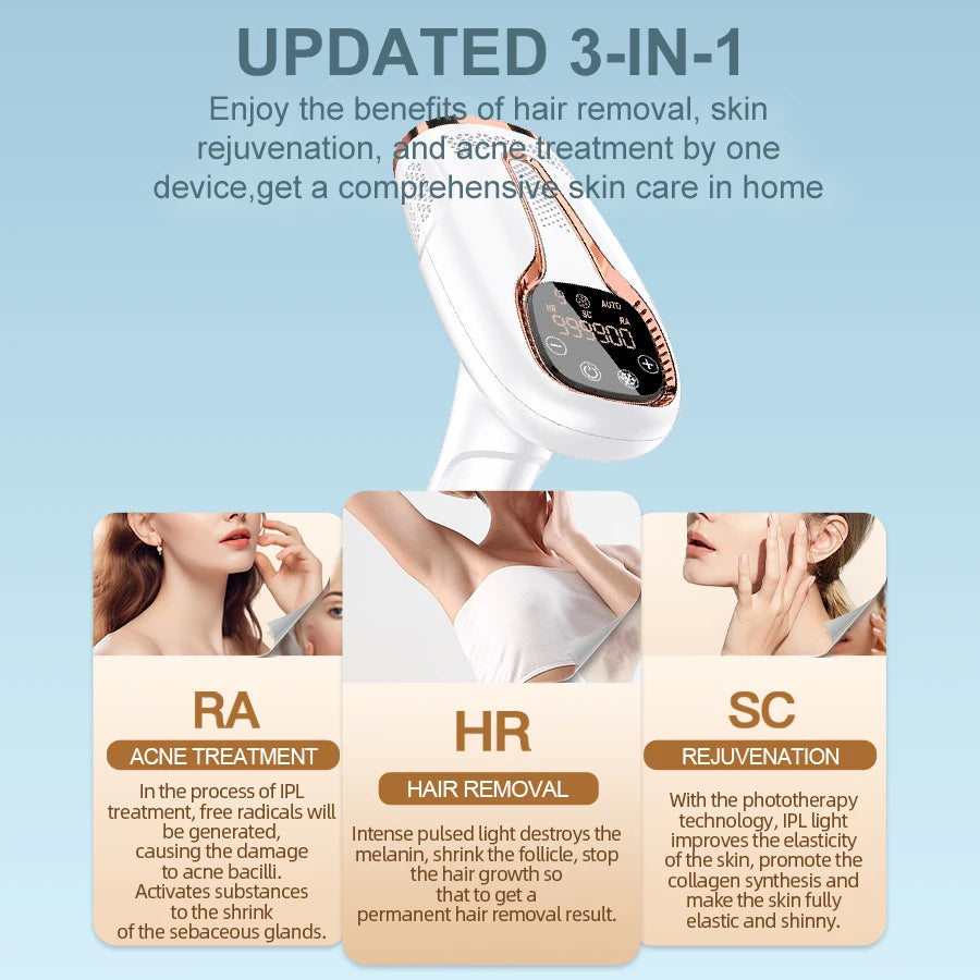 Upgraded Laser Hair Removal Cooling 3in1 At-Home Rejuvenation Acne Remove Painless Permanent Hair Remove for Women IPL Epilator
