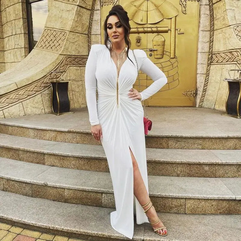 Ladies New Ruched Elegant Dress Long Sleeve V-Neck Side Slit Bodycon Long Dresses Evening Party Club Fashion Women Fall Outfits