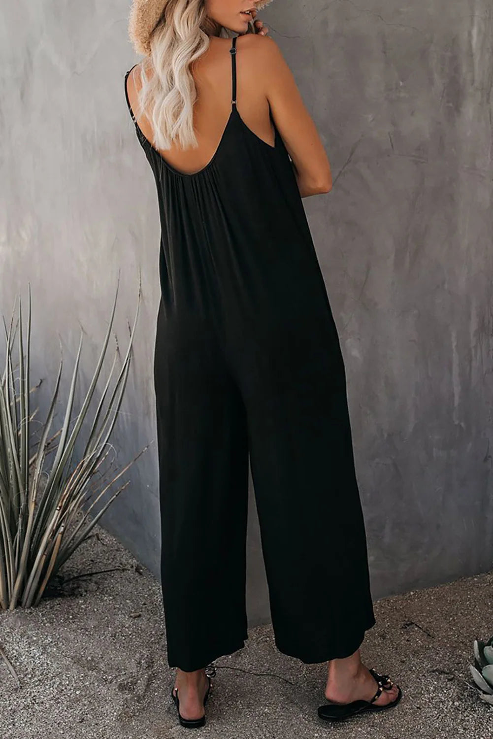 European and American Suspender Women's 2023 Summer New Foreign Trade Tolid Color Pocket Casual Jumpsuit