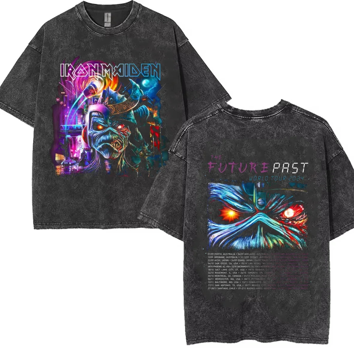 Irons The Future Past 2024 World Tour Maidens Summer Washed T Shirt Retro T-shirt Short Sleeve Vintage Black Wash Y2k Clothes