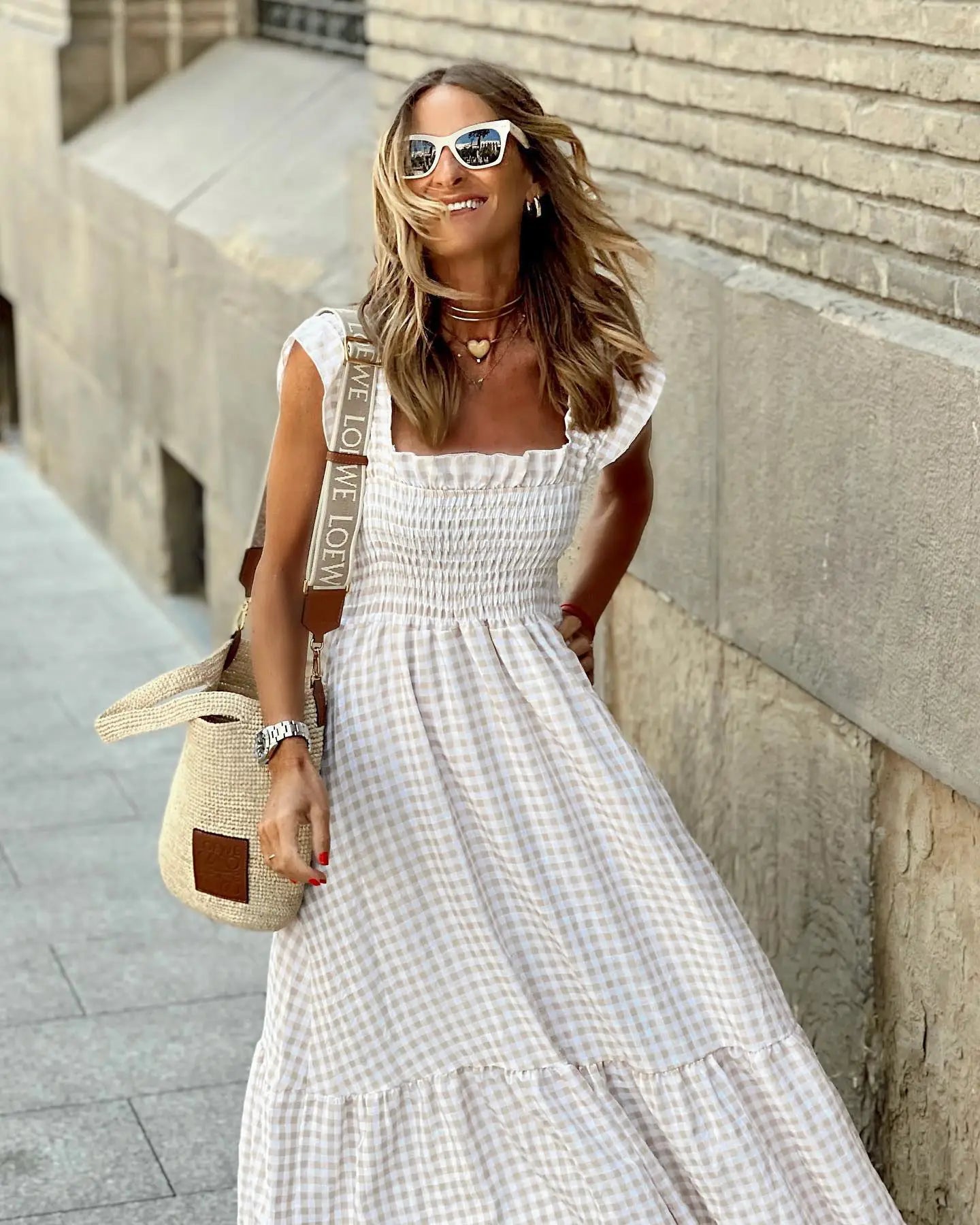 Elegant Plaid Slip Maxi Long Dress Summer Women Strapless Ruffle Backless Pleated Elastic Waist Boho Party Swing Loose Dresses