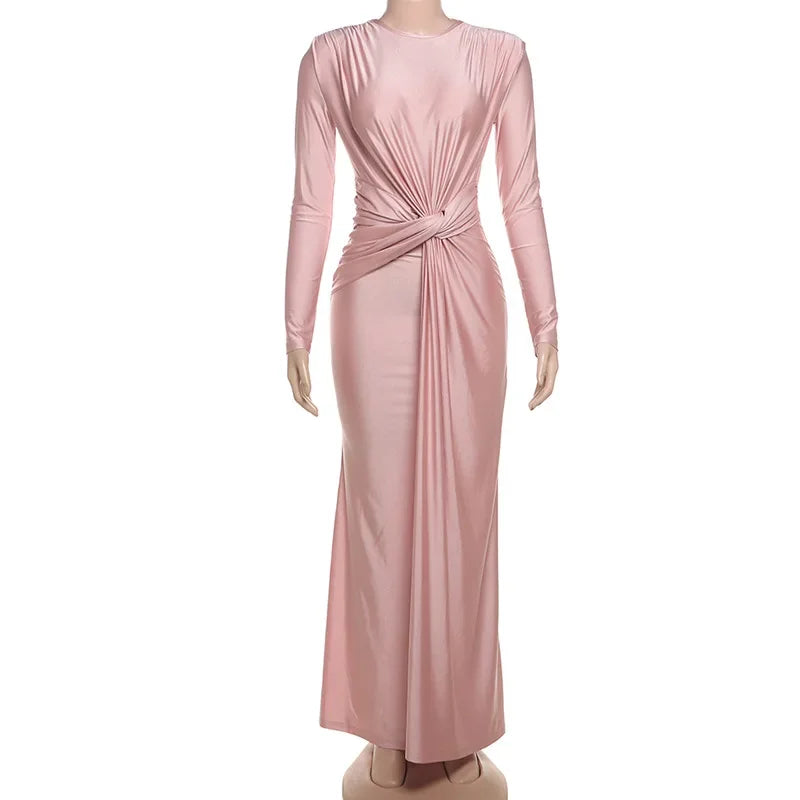 Elegant High Waist Pleated Maxi Dress Women's New Solid O Neck Long Sleeve Slim Dress Luxury Party Evening Gown Robe