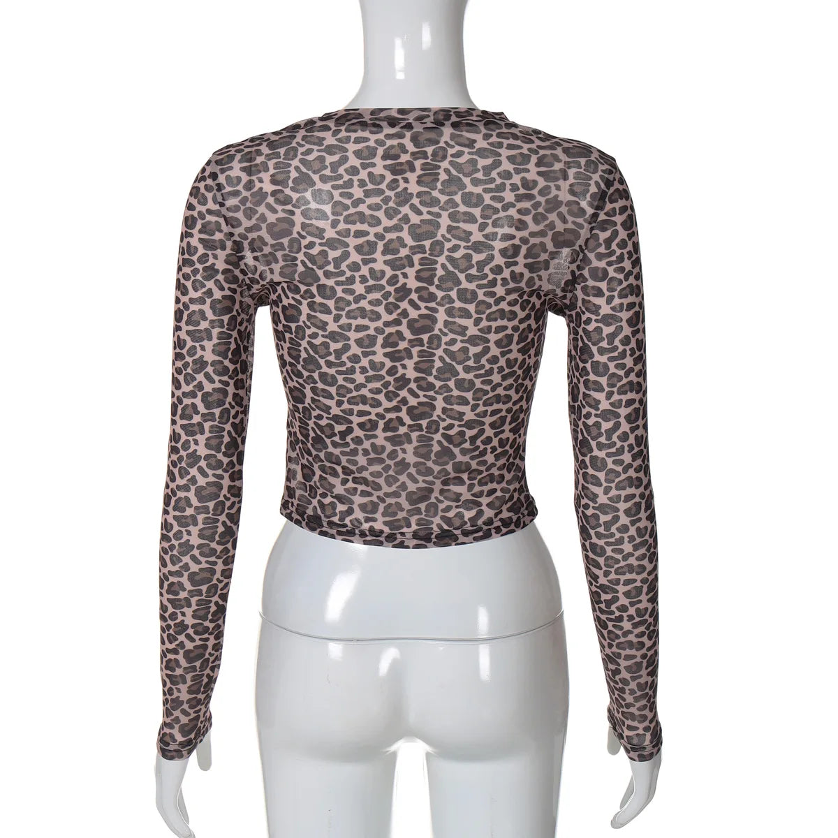 Ladies summer Leopard Print Clubwear Y2K Clothes Women Long Sleeve O-Neck Mesh See Through Slim T Shirt Holiday Streetwear Tees