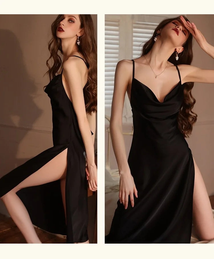 Sexy Backless Ice Silk Halter V Neck Dress Pajamas Short Skirt Home Wear Women Silk Nightgowns Home Clothes