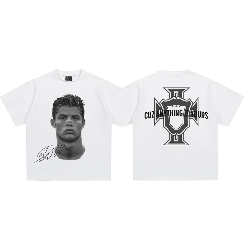 2025 Cristiano Ronaldo football superstar super fashion printed short sleeve T-shirt men distress American cotton Women Tshirt