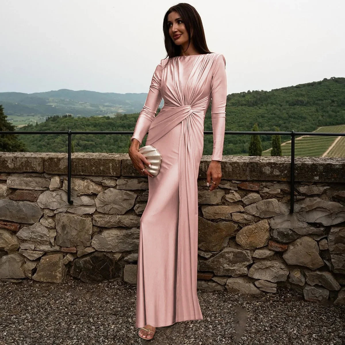 Women's Formal Occasion Dress Elegant Ladies O-neck Long Sleeve Folds High Waist Bodycon Gray Dresses Evening Party Robe