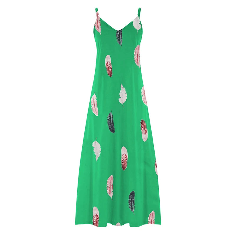 8Colour All-Season Chic Feather Print Maxi Dress Casual V-Neck Comfort Stretch Easy Care