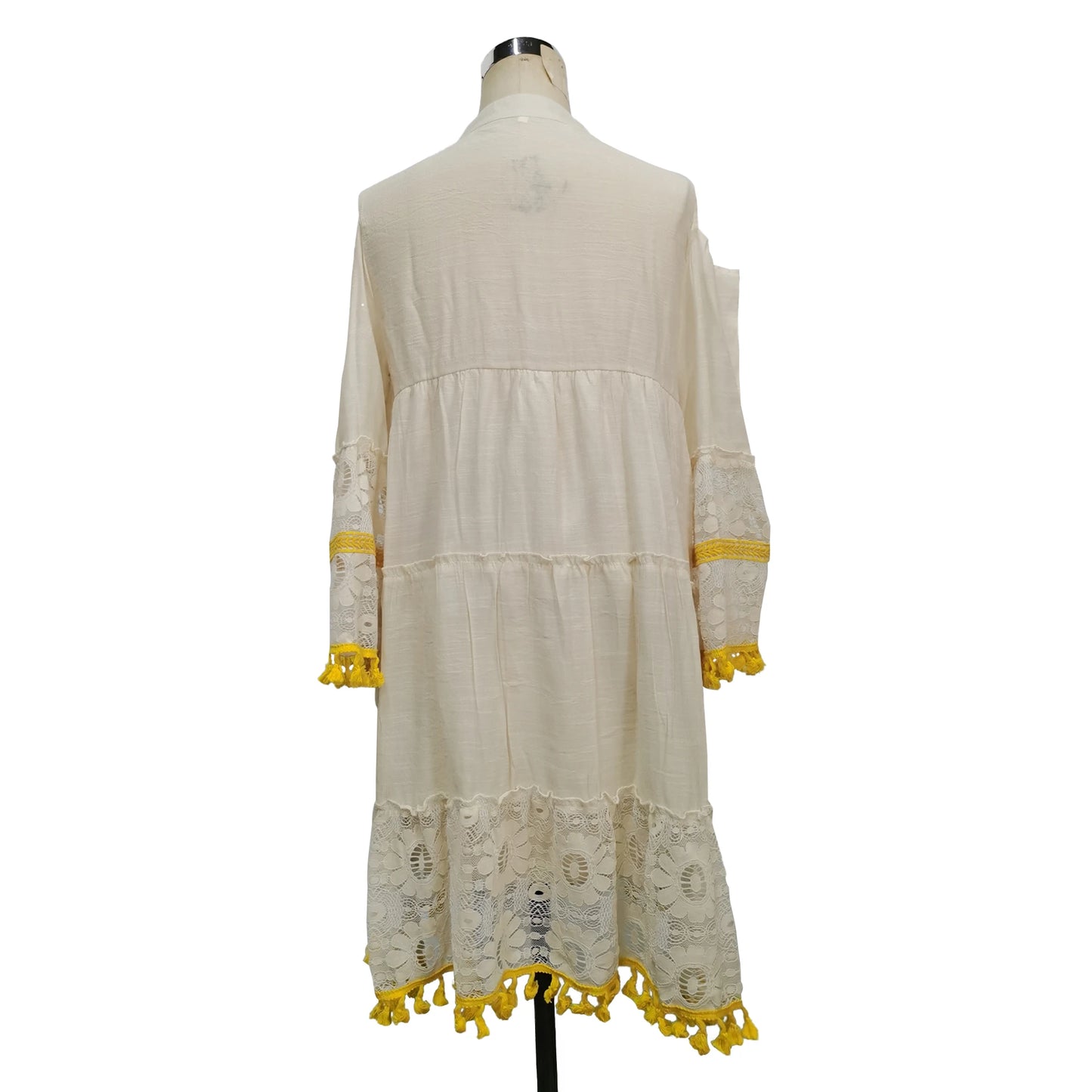 New Spring Embroidery Crochet Lace Boho Dress Women Elegant Off Shoulder Tassel Ruffle Mini Dress Summer V Neck Lady Beach Dress