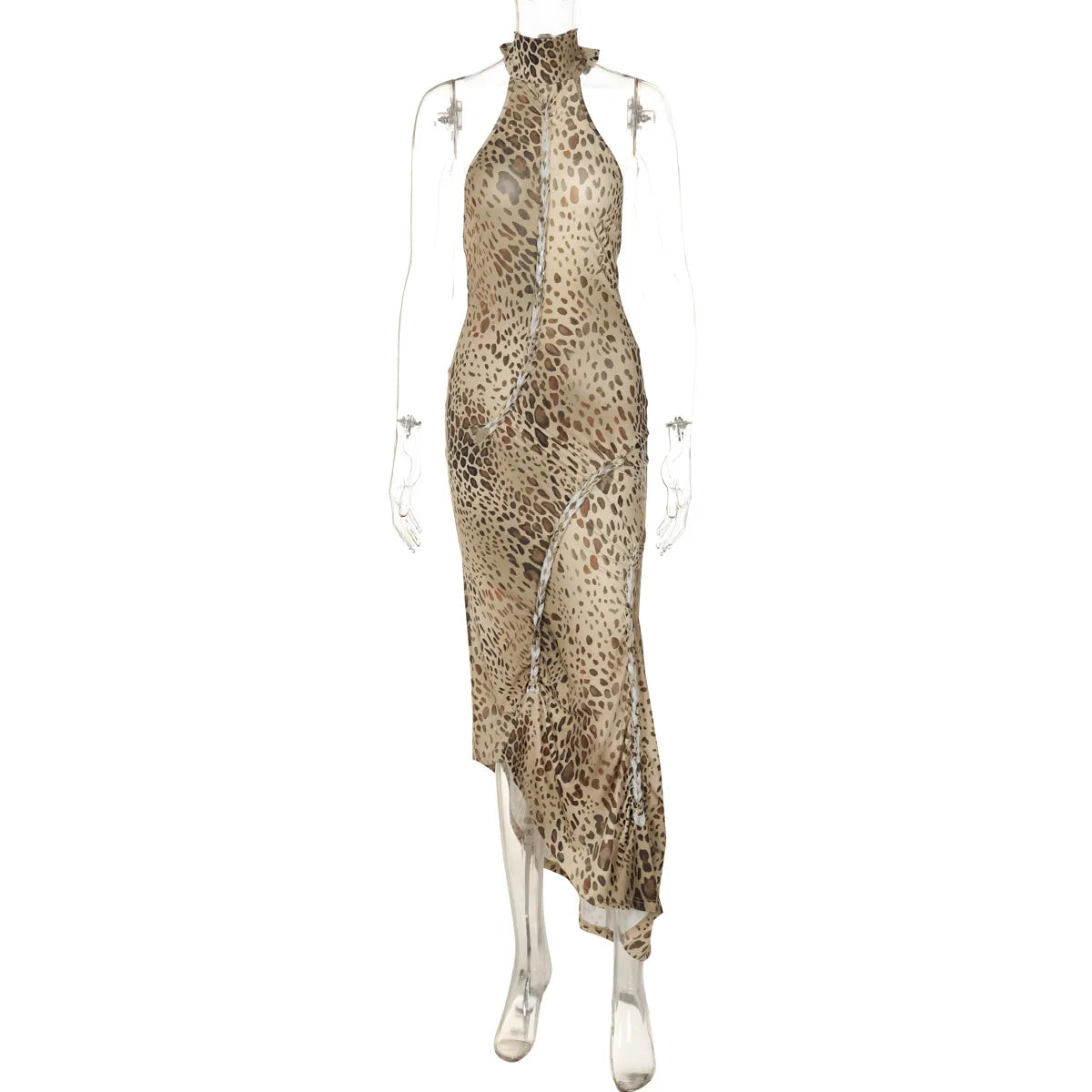 Ladies Summer Leopard Print New Fashion Evening Party Dress Women Sleeveless Backless Halter Midi Dresses Woman Clothes Clubwear