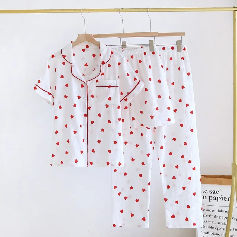 Small Love Heart Printed Cotton Pajamas for Women Three Piece Set Spring and Summer Short Sleeved Shorts Homewear Long Pants Set